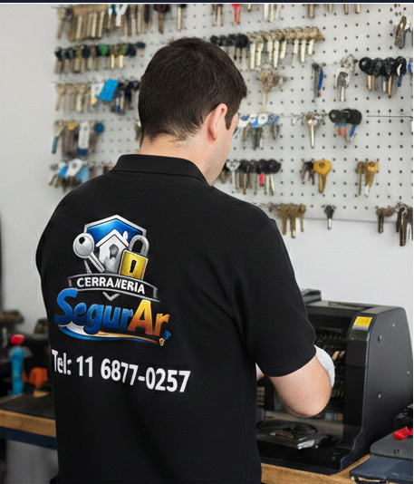 Equipo de Cerrajería SegurAr trabajando con herramientas y uniforme de la marca