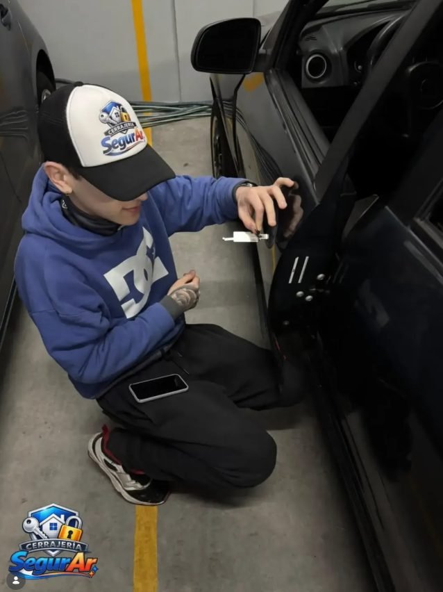 Técnico de Cerrajería SegurAr haciendo una apertura de auto en una cochera
